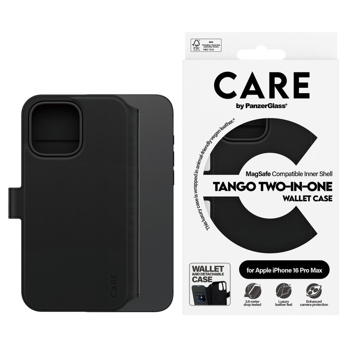 PanzerGlass CARE Feature Case Tango 2-in-1 Wallet MagSafe para iPhone 16 Pro Max, Negro