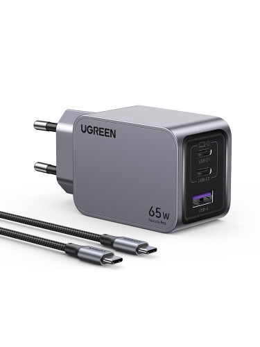 UGREEN 25871 Cargador de Dispositivo Móvil Universal Gris, Carga Rápida, 65W, 3 Puertos (2 USB-C)