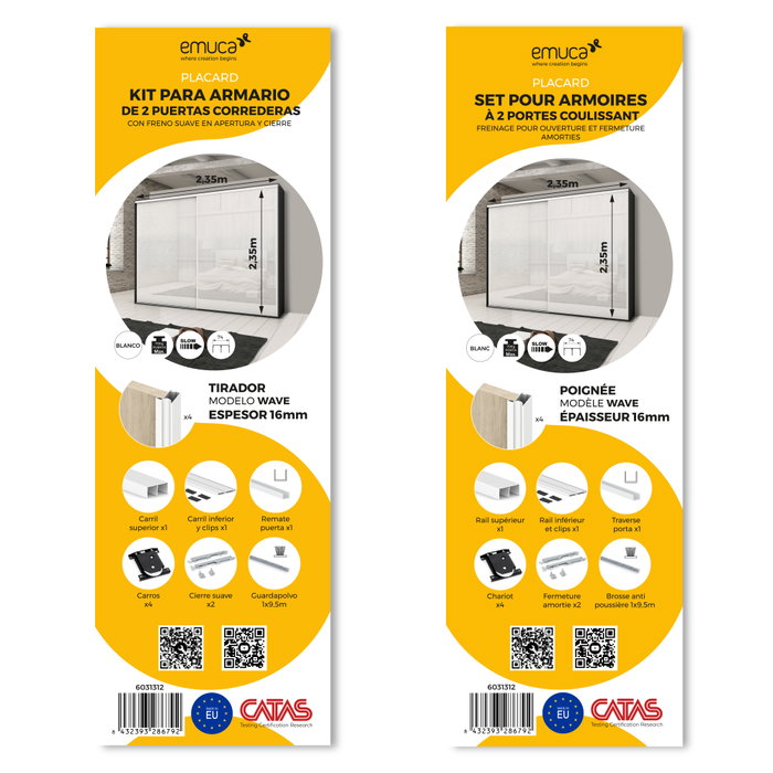 Emuca Kit de herrajes Placard 74 para armario de 2 puertas correderas, perfil Wave, blanco