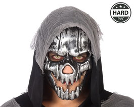 Máscara de calavera plateada de PVC con capucha negra para hombre adulto - Halloween, eventos de miedo, cosplay