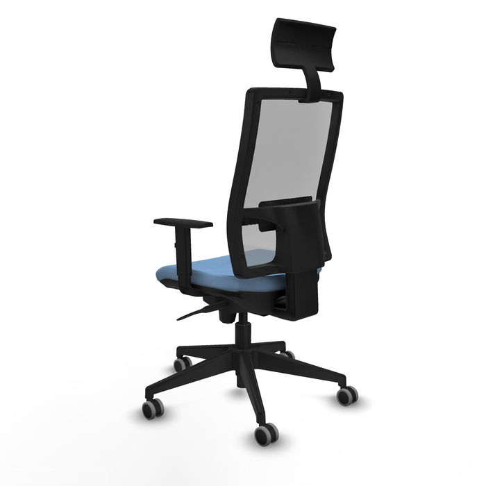 Silla de oficina Horna con mecanismo Sincro tapizada con Tela color Azul cielo y malla color Gris. Equipada con lumbar 1D, Brazos 1D, Cabecero Fijo y Ruedas 65 mm parqué Silla de oficina Horna con mecanismo Sincro tapizada con Tela color Azul cielo y malla color Gris. Equipada con lumbar 1D, Brazos 1D, Cabecero Fijo y Ruedas 65 mm parqué