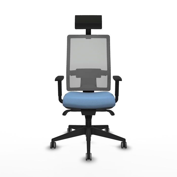 Silla de oficina Horna con mecanismo Sincro tapizada con Tela color Azul cielo y malla color Gris. Equipada con lumbar 1D, Brazos 1D, Cabecero Fijo y Ruedas 65 mm parqué Silla de oficina Horna con mecanismo Sincro tapizada con Tela color Azul cielo y malla color Gris. Equipada con lumbar 1D, Brazos 1D, Cabecero Fijo y Ruedas 65 mm parqué