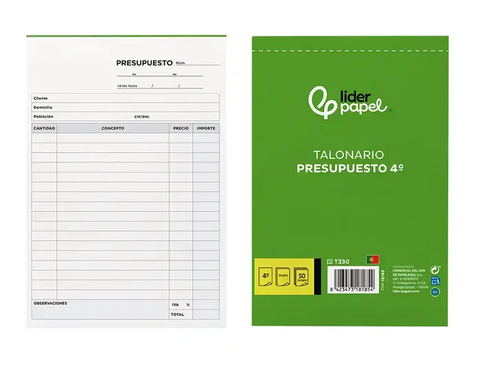 Liderpapel Talonario de presupuesto cuarto original y copia T230 Liderpapel Talonario de presupuesto cuarto original y copia T230
