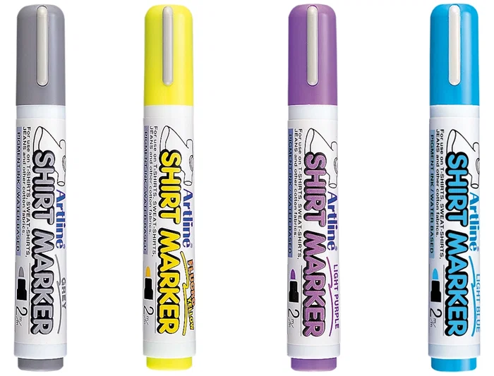 Artline Rotulador EKT-2 para Camisetas Punta Redonda 2 mm Colores Surtidos (Amarillo, Gris, Celeste, Violeta) - Caja de 4 Unidades