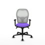 Silla de oficina Jorquera con mecanismo Sincro tapizada con Tela color Lila y malla color Blanco. Equipada con lumbar 1D, Brazos 1D y Ruedas 65mm nailon