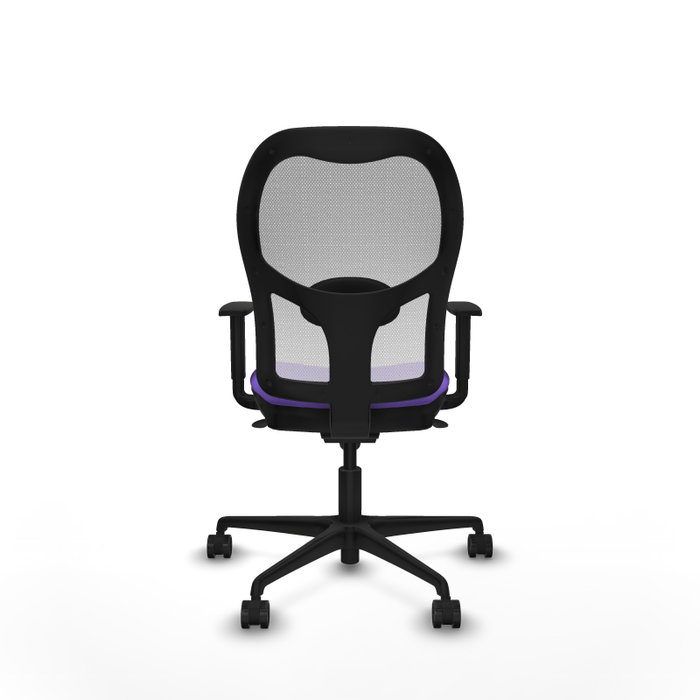 Silla de oficina Jorquera con mecanismo Sincro tapizada con Tela color Lila y malla color Blanco. Equipada con lumbar 1D, Brazos 1D y Ruedas 65mm nailon