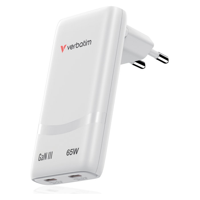 Verbatim Cargador GaN Fold 'n' Go 65W con 2 Puertos USB-C Blanco