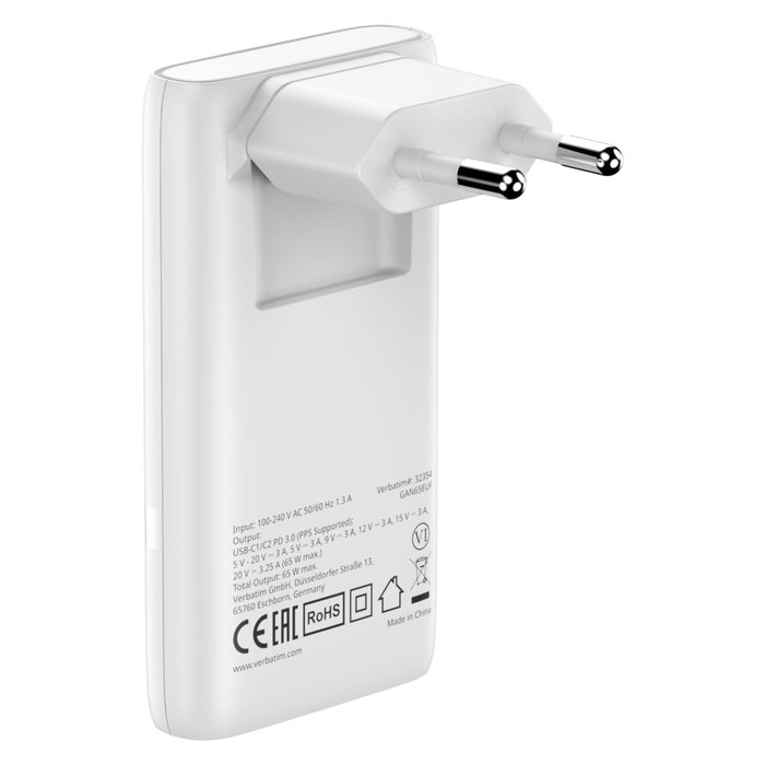 Verbatim Cargador de Pared GaN Fold 'n' Go 65W 2xUSB-C Blanco
