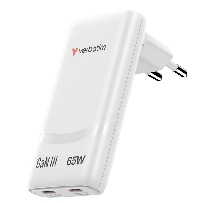 Verbatim Cargador de Pared GaN Fold 'n' Go 65W 2xUSB-C Blanco