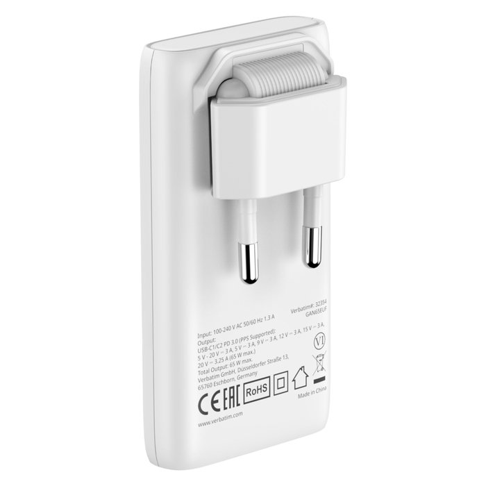 Verbatim Cargador de Pared GaN Fold 'n' Go 65W 2xUSB-C Blanco