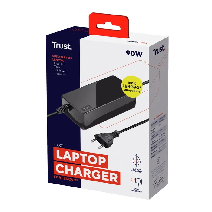 Trust Cargador para Portátil Lenovo 90W - Adaptador AC Maxo con 5+1 Conectores Intercambiables, Cable 120cm/180cm, 19V 4.74A, Negro
