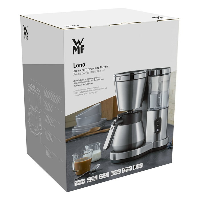 WMF Lono Aroma Cafetera de Filtro Térmica 1 L, 800 W, 8 Tazas, Anti-Goteo, Anti-Escala, Negro/Plata, 0412310011