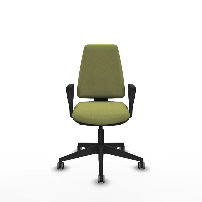 Silla de oficina Elche con mecanismo Asincro tapizada con Tela color Verde oliva. Equipada con Base piramidal negra, Brazos fijos y Ruedas 65 mm parqué