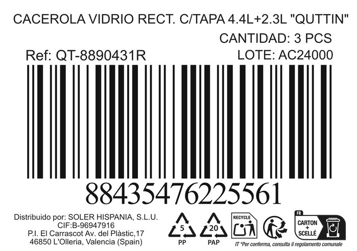 Quttin Cacerola Rectangular de Vidrio con Tapa 4.4 L y 2.3 L (3 Unidades)