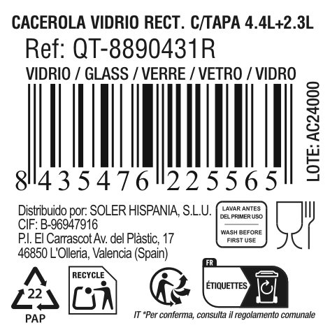 Quttin Cacerola Rectangular de Vidrio con Tapa 4.4 L y 2.3 L (3 Unidades)
