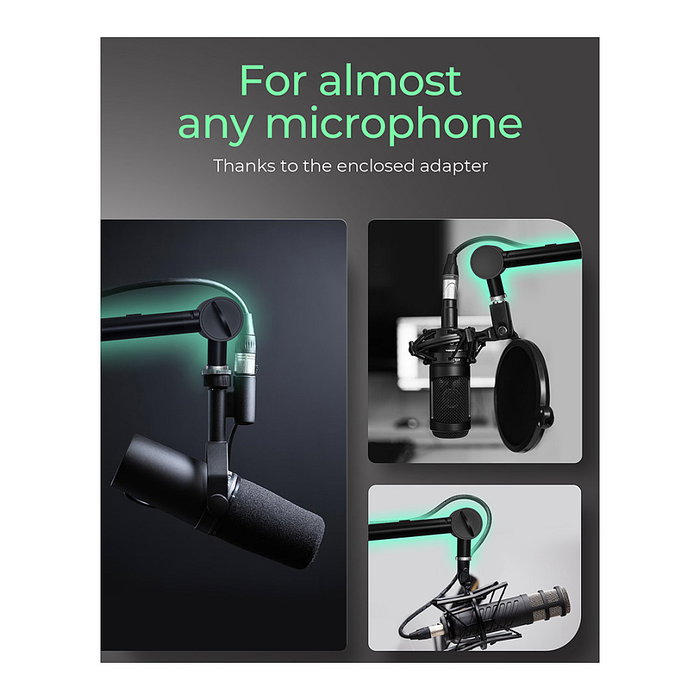 ICY BOX IB-MAG103B-T Soporte de brazo para micrófono negro con base para escritorio, ajuste de altura, aluminio, plástico, acero, 3/8"