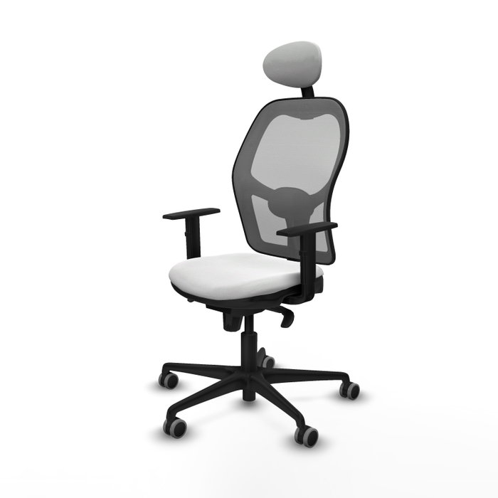 Silla de oficina Jorquera con mecanismo Sincro tapizada con Tela color Blanco y malla color Gris. Equipada con lumbar 1D, Brazos 1D, Cabecero Fijo y Ruedas 65 mm parqué