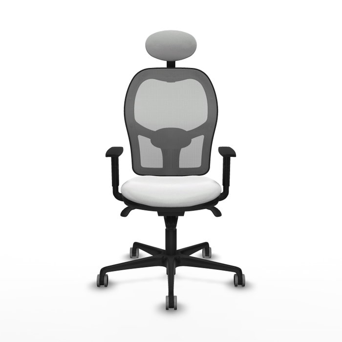 Silla de oficina Jorquera con mecanismo Sincro tapizada con Tela color Blanco y malla color Gris. Equipada con lumbar 1D, Brazos 1D, Cabecero Fijo y Ruedas 65 mm parqué