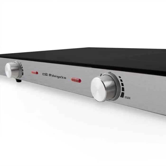 Orbegozo PCE6000 Placa Vitrocerámica Portátil 2 Zonas (205mm 1800W + 170mm 1000W) Negro y Acero Inoxidable, 2800W Total, Superficie de Vidrio Templado