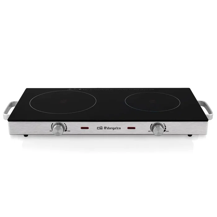 Orbegozo PCE6000 Placa Vitrocerámica Portátil 2 Zonas (205mm 1800W + 170mm 1000W) Negro y Acero Inoxidable, 2800W Total, Superficie de Vidrio Templado