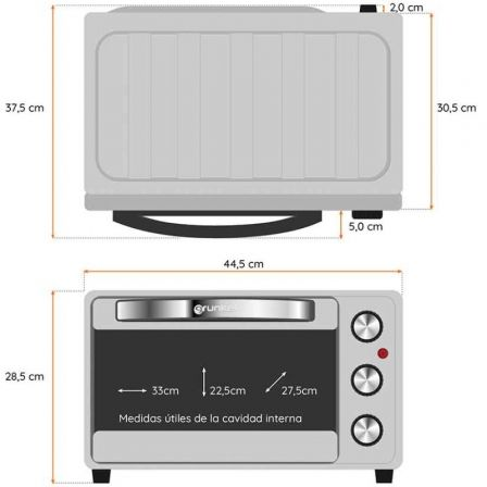 Grunkel HR-23SILVER Horno Eléctrico de Sobremesa 23L 1600W 3 Funciones 230°C Temporizador 60min Plata con Bandeja y Rejilla
