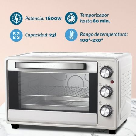 Grunkel HR-23SILVER Horno Eléctrico de Sobremesa 23L 1600W 3 Funciones 230°C Temporizador 60min Plata con Bandeja y Rejilla