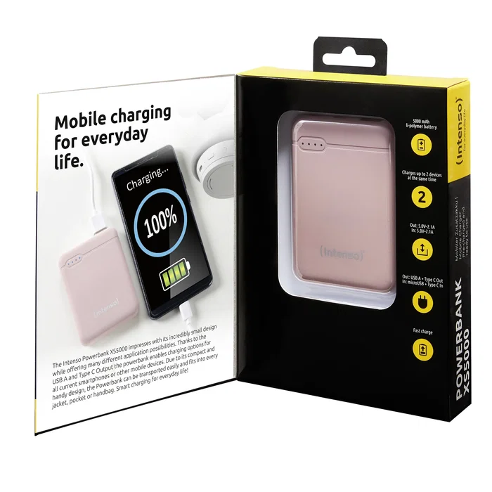 Intenso XS5000 Power Bank - Batería Externa 5000 mAh Polímero de Litio, Color Rosa, con USB Tipo-C y Micro-USB, Carga hasta 2 Dispositivos Simultáneamente