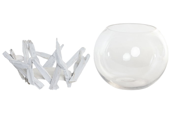 DKD Home Decor Portavelas Madera y Cristal Tronquitos Blanco