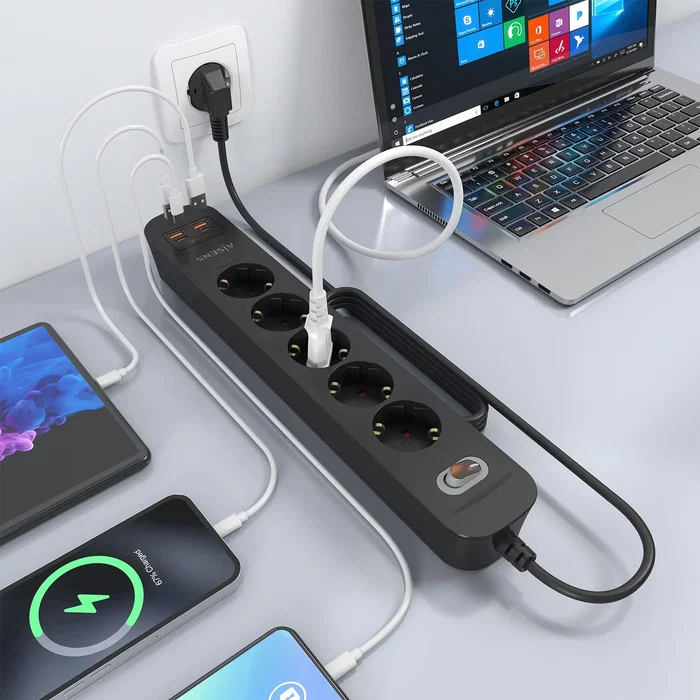 Aisens Regleta de Enchufes con 5 Tomas y Cargador USB 20W Negro Aisens Regleta de Enchufes con 5 Tomas y Cargador USB 20W Negro