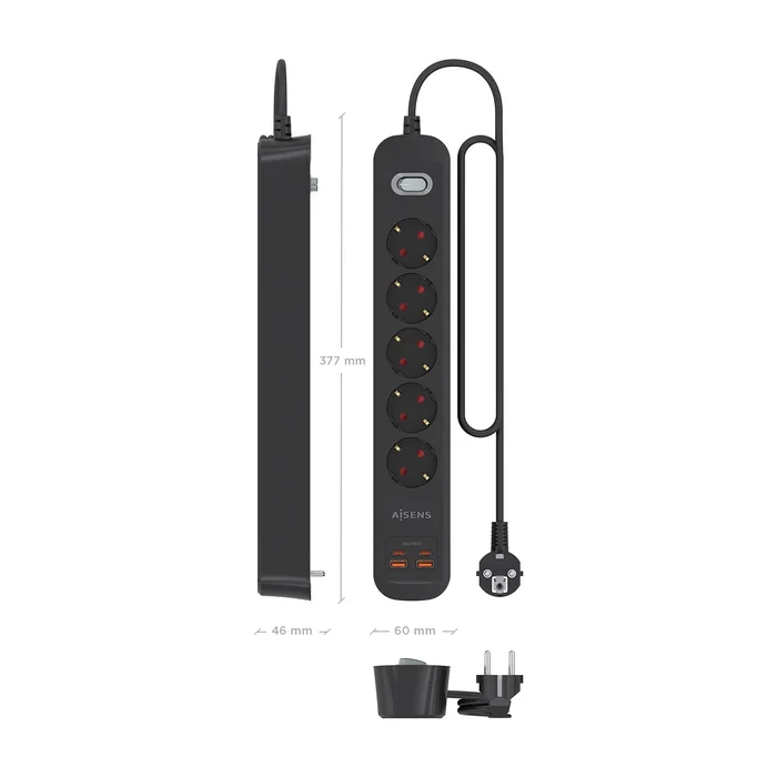 Aisens Regleta de Enchufes con 5 Tomas y Cargador USB 20W Negro Aisens Regleta de Enchufes con 5 Tomas y Cargador USB 20W Negro