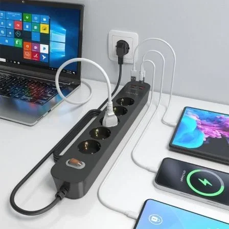 Aisens Regleta de Enchufes Multifunción ASPS-2A2C15-BK con 5 Tomas, Cargador PD3.0 20W 2 USB-C + 2 USB-A, Interruptor LED, Cable 1.4m, Negro