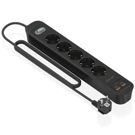 Aisens Regleta de Enchufes Multifunción ASPS-2A2C15-BK con 5 Tomas, Cargador PD3.0 20W 2 USB-C + 2 USB-A, Interruptor LED, Cable 1.4m, Negro