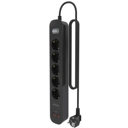 Aisens Regleta de Enchufes Multifunción ASPS-2A2C15-BK con 5 Tomas, Cargador PD3.0 20W 2 USB-C + 2 USB-A, Interruptor LED, Cable 1.4m, Negro