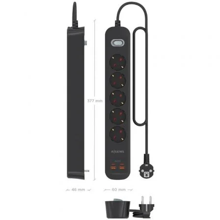 Aisens Regleta de Enchufes Multifunción ASPS-2A2C15-BK con 5 Tomas, Cargador PD3.0 20W 2 USB-C + 2 USB-A, Interruptor LED, Cable 1.4m, Negro