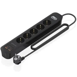 Aisens Regleta de Enchufes Multifunción ASPS-2A2C15-BK con 5 Tomas, Cargador PD3.0 20W 2 USB-C + 2 USB-A, Interruptor LED, Cable 1.4m, Negro