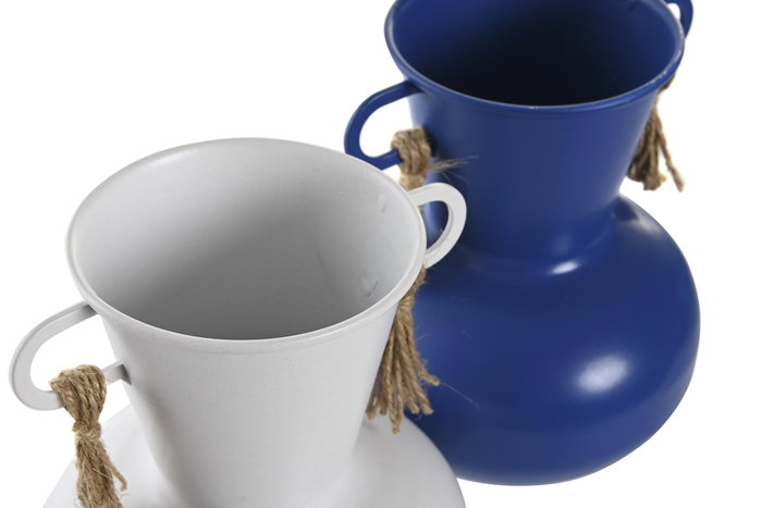 DKD Home Decor Set de 2 Jarrones de Metal Atlántico Blanco y Azul Marino