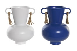 DKD Home Decor Set de 2 Jarrones de Metal Atlántico Blanco y Azul Marino