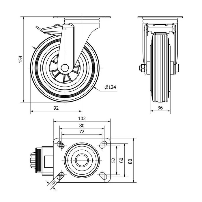 Ruedas Alex Rueda Giratoria con Placa, Eje Liso y Freno, Negra, Carga Máx. 110 kg, Ø 12,5 cm