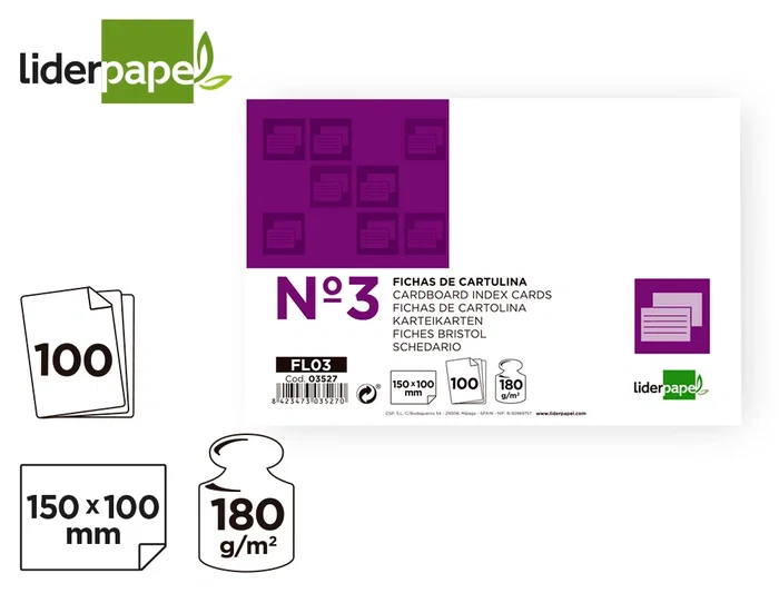 Liderpapel Ficha Lisa Nº3 100x150mm 180 gr Paquete de 100 Unidades