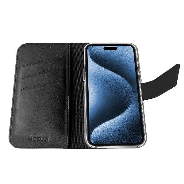 Celly Funda cartera para iPhone 17 Pro Max con MagSafe, soporte de sobremesa y 3 bolsillos para tarjetas - Negro Celly Funda cartera para iPhone 17 Pro Max con MagSafe, soporte de sobremesa y 3 bolsillos para tarjetas - Negro