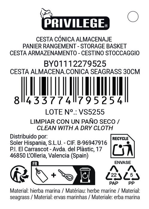 Inde Cesta Cónica Seagrass 29,7 cm x 25 cm x 29,1 cm (12 Unidades)