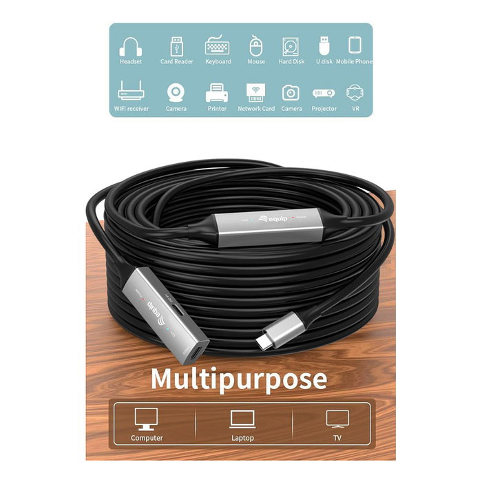 EQUIP 133358 Cable USB-C 3.2 Gen 1 Activo Extensor/Repetidor Tipo C Macho a Hembra 15 Metros, 5 Gbit/s, Negro EQUIP 133358 Cable USB-C 3.2 Gen 1 Activo Extensor/Repetidor Tipo C Macho a Hembra 15 Metros, 5 Gbit/s, Negro