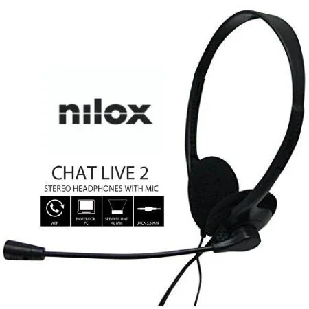 Nilox CHAT LIVE 2 - Auriculares de Diadema Ajustable con Micrófono Plegable, Ideal para Llamadas y Música, Cable 1.8m, Color Negro