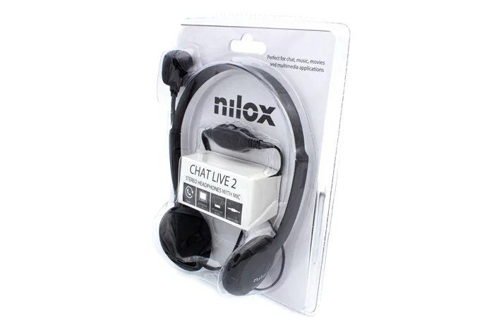 Nilox CHAT LIVE 2 - Auriculares de Diadema Ajustable con Micrófono Plegable, Ideal para Llamadas y Música, Cable 1.8m, Color Negro