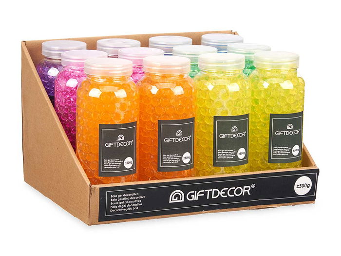 Giftdecor - Bote de Gel Decorativo, 500 Gramos, Surtido de 6 Colores (Amarillo, Azul, Morado, Naranja, Rosa, Verde), Dimensiones 7 x 17.5 x 7 cm, Con Bolas de 2 cm (Set de 24)