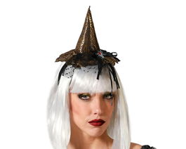 Diadema Bruja Halloween Dorado Mujer Adulto con Tul Brillante para Carnaval o Eventos Mágicos