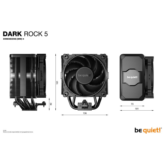 be quiet! Dark Rock 5 Ventilador CPU, Refrigerador de Aire, TDP 210W, Compatible LGA1700/1200/1151/1150/AM5/AM4, 120mm PWM, Negro be quiet! Dark Rock 5 Ventilador CPU, Refrigerador de Aire, TDP 210W, Compatible LGA1700/1200/1151/1150/AM5/AM4, 120mm PWM, Negro