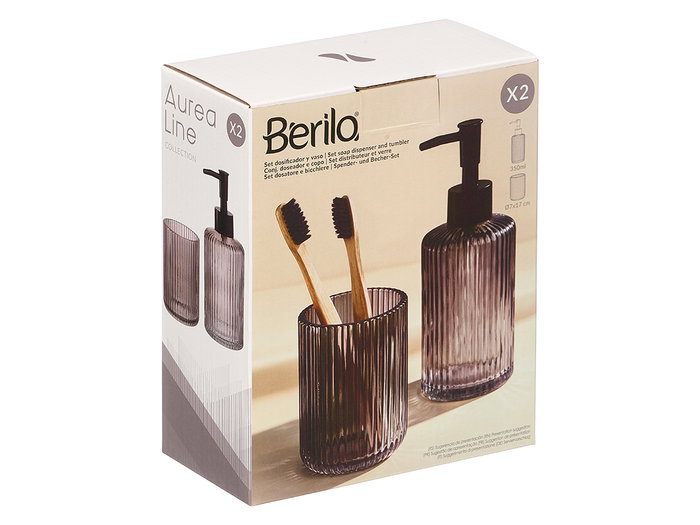 Berilo - Set de 2 Dosificadores para Baño con Vaso 350 ml, Color Gris con Rayas, Dimensiones 15x18.5x7.5 cm (Set de 12) Berilo - Set de 2 Dosificadores para Baño con Vaso 350 ml, Color Gris con Rayas, Dimensiones 15x18.5x7.5 cm (Set de 12)