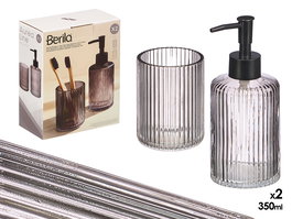 Berilo - Set de 2 Dosificadores para Baño con Vaso 350 ml, Color Gris con Rayas, Dimensiones 15x18.5x7.5 cm (Set de 12)