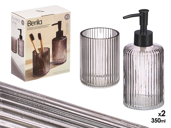Berilo - Set de 2 Dosificadores para Baño con Vaso 350 ml, Color Gris con Rayas, Dimensiones 15x18.5x7.5 cm (Set de 12) Berilo - Set de 2 Dosificadores para Baño con Vaso 350 ml, Color Gris con Rayas, Dimensiones 15x18.5x7.5 cm (Set de 12)
